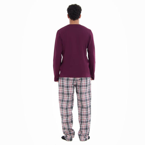 Men Fall Pajama Set Dark Red Buttoned Sweatshirt + Dark red x Grey checkered Pants